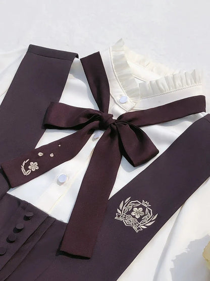 襟付きコサージュドレス レトロシャツベストカーディガン スタンドニット フリルスリーブ + 日本製リボン