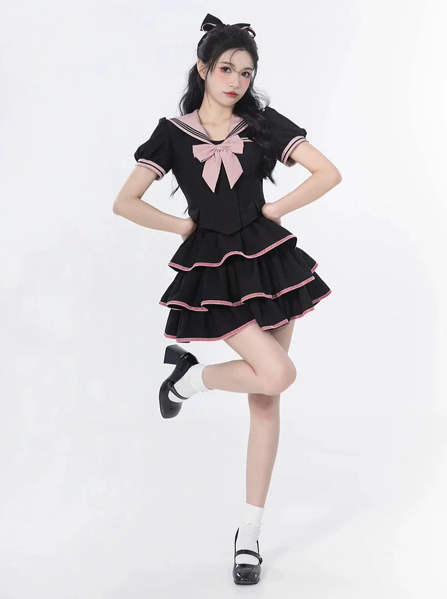 Sailor Flared + Rock Taille Puff Ribbon Cake Top + Ärmel Hals