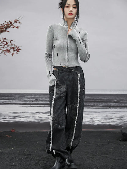 ダークデザインデニム ルーズフリンジ ワイドカットアウトウエスト