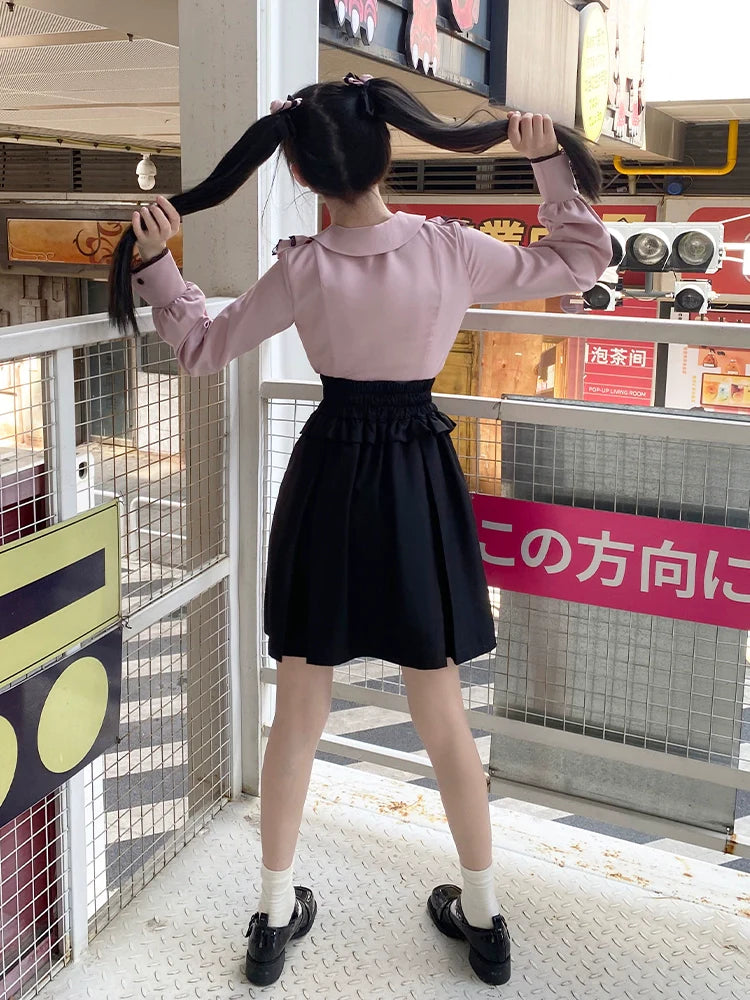 フリルスカートカラーブラウス+レースアップガーリー