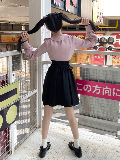 フリルスカートカラーブラウス+レースアップガーリー