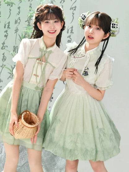 チャイナシャツスカートスリーブドレスパンダカンフーパフフーミント+シフォンセット