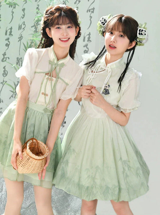 チャイナシャツスカートスリーブドレスパンダカンフーパフフーミント+シフォンセット