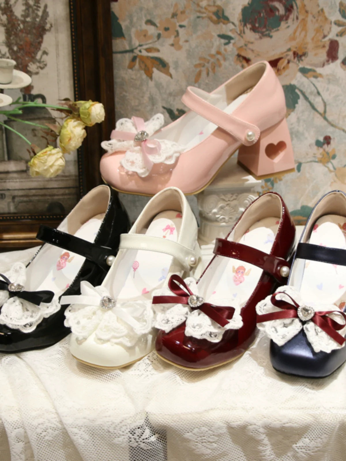 エレガントなフレンチスクエアレースリボンシューズヒールトゥロリータラブ