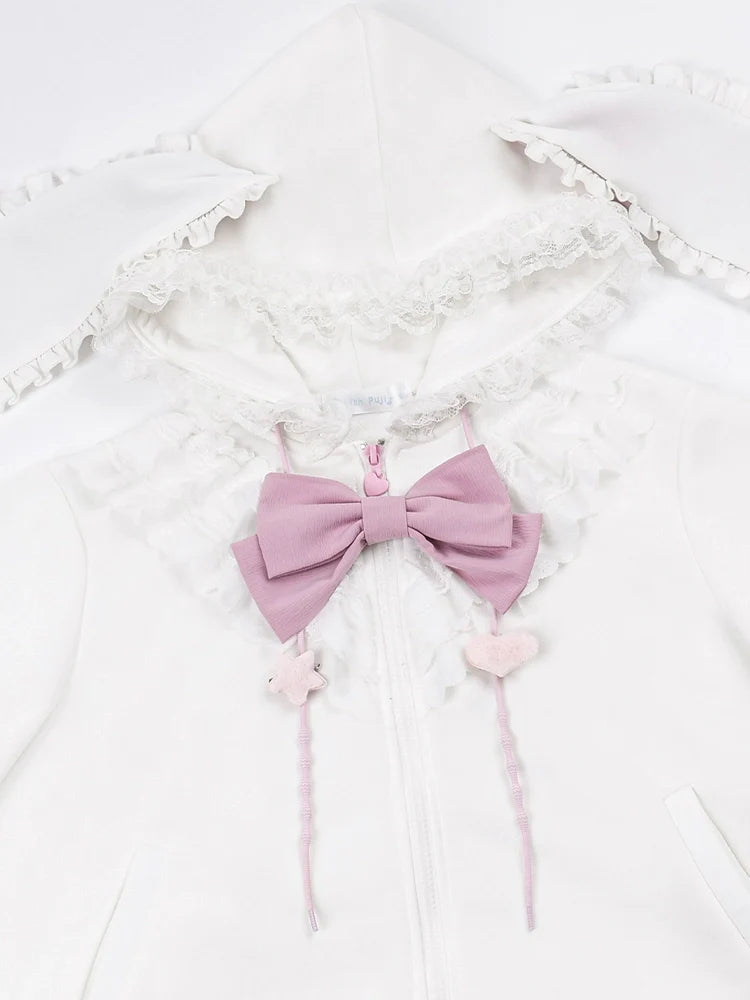 Bow Frilled Big Hooded Girly Long Bunny Dress Ears