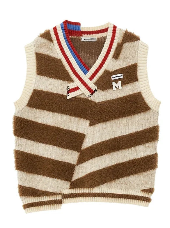 ニットフリース Vネック ストライプ アシンメトリーベスト ファー