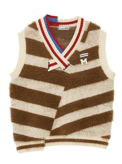 ニットフリース Vネック ストライプ アシンメトリーベスト ファー