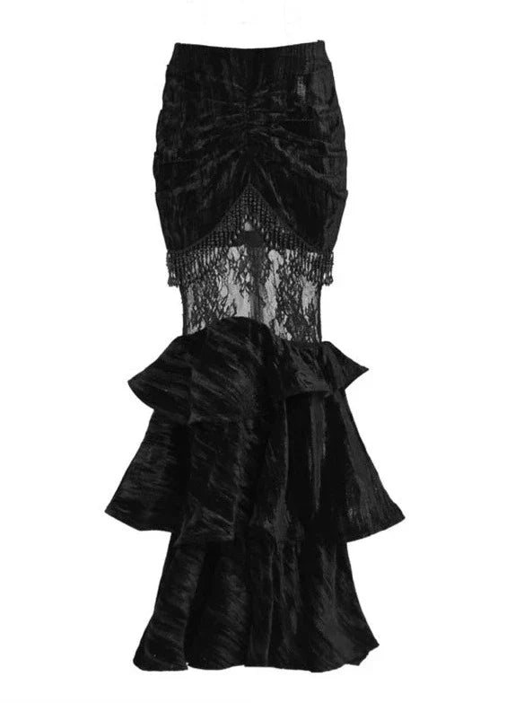 Mermaid Dutchess Gothic Hugging Hip Transparenter Samt-Spitzenrock
