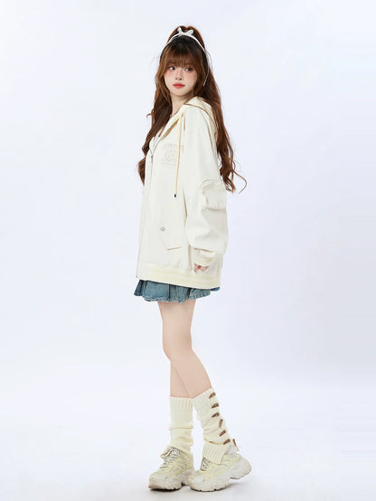 Hoodie American Casual Hooded Zip-up Faux Two-piece