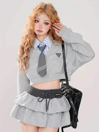 College + Krawatte Kurz Stil Sweatshirt + Set Farbe Gestreiften Stück Faux Rock Zwei