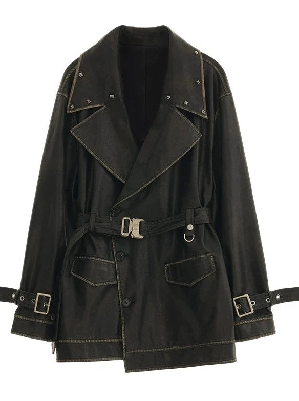 Damaged Mode Lederjacke + Mittellanger Rock + Ledermantel mit Taillengürtel