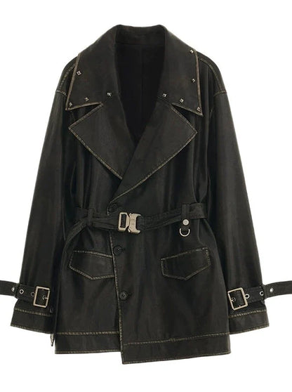 Damaged Mode Lederjacke + Mittellanger Rock + Ledermantel mit Taillengürtel