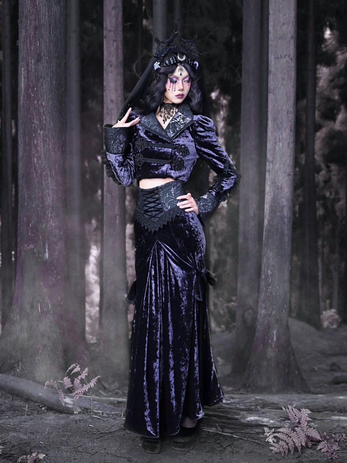 Gothic Long Skirt Ribbon Luna Velvet Slim