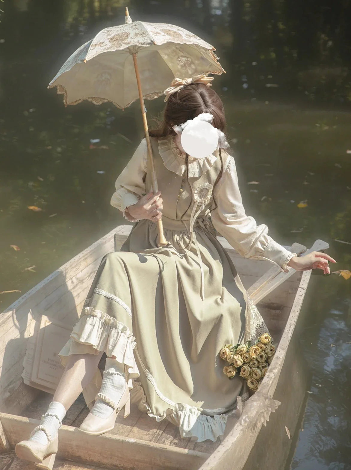 Dress French + Retro Long Ruffle Vest Green Blouse