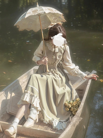 Dress French + Retro Long Ruffle Vest Green Blouse