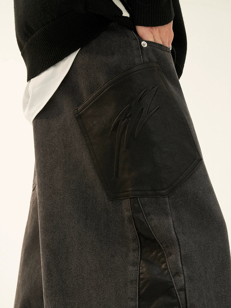 Denim-Leder-Patchworkhose