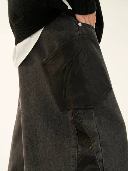 Denim-Leder-Patchworkhose