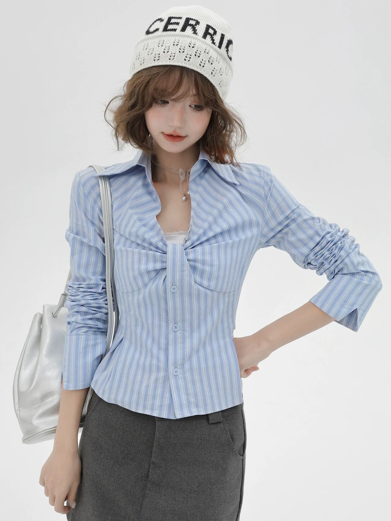 V Neck Shirt Slim Stripe Design Blue