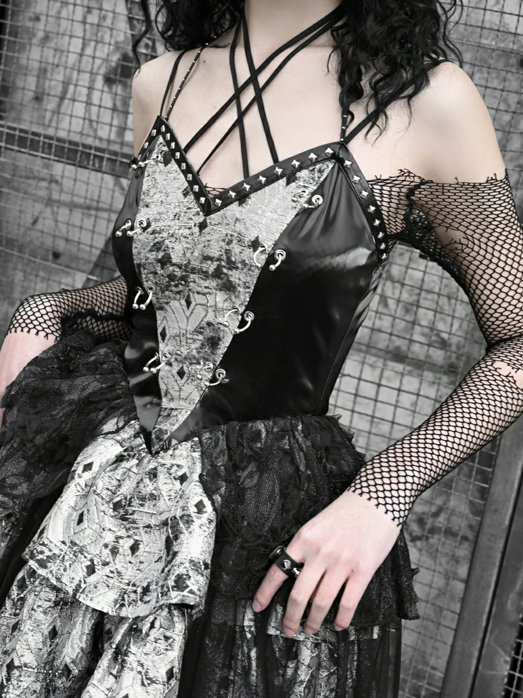 PU Suspender Punk Halter-neck Mesh Metallic Off-the-shoulder Tulle + Top Dress Sheer