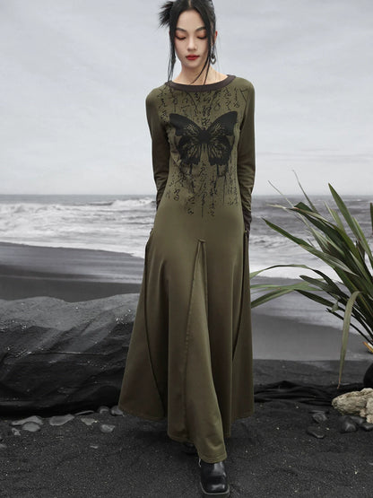 Slim Kanji Butterfly Print Long Dress