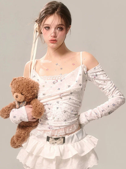 Long Velvet Off-Shoulder Floral Small Lace T Suspender