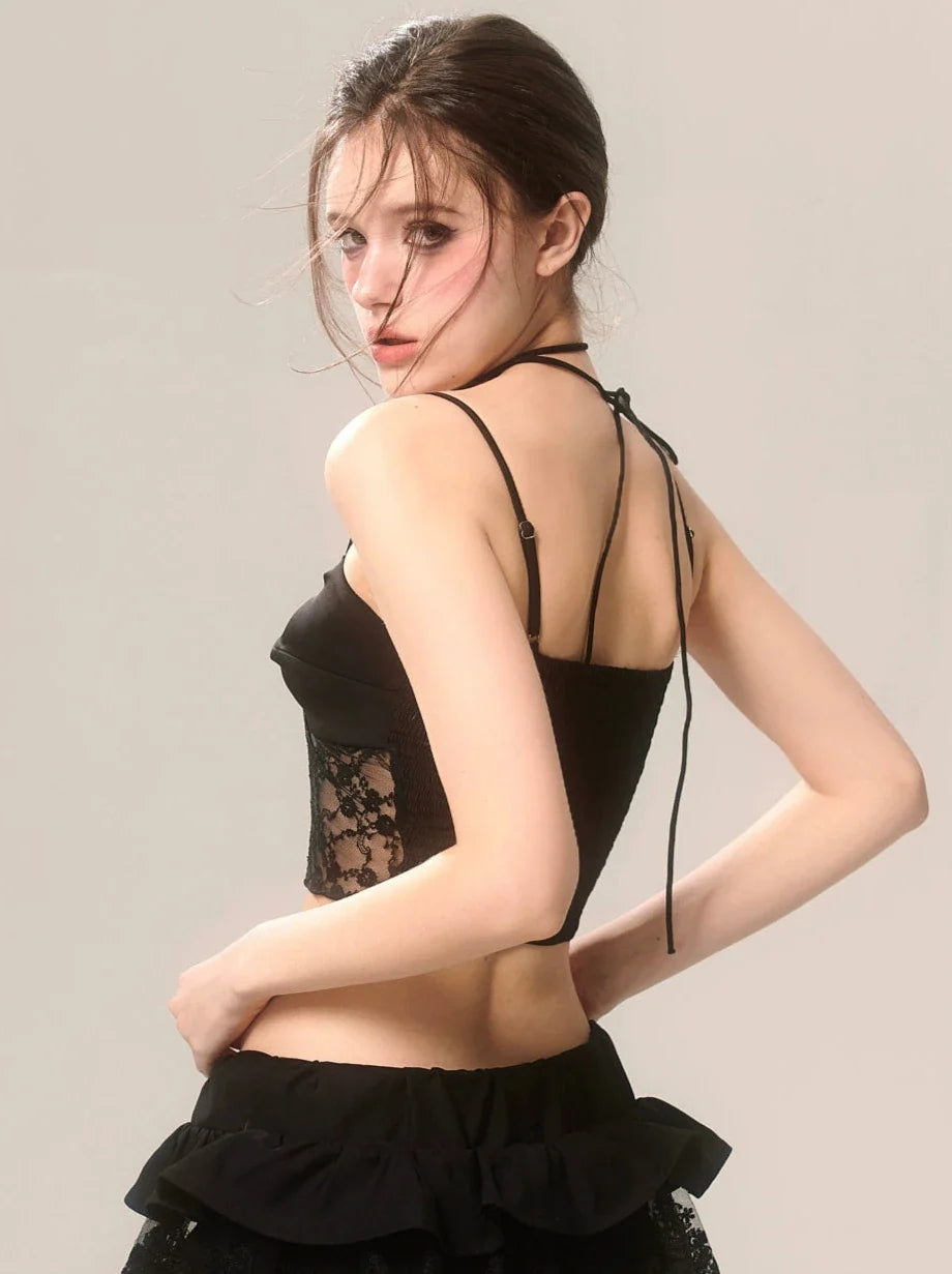 Rose French Short Top Spitze Schwarz Straps