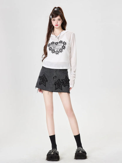 Hoodie Langes Print Top T Star Sheer