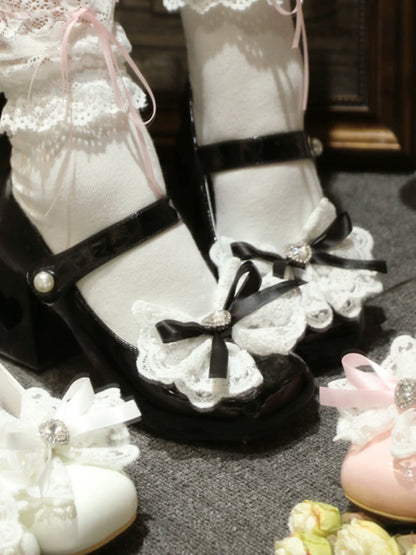 エレガントなフレンチスクエアレースリボンシューズヒールトゥロリータラブ
