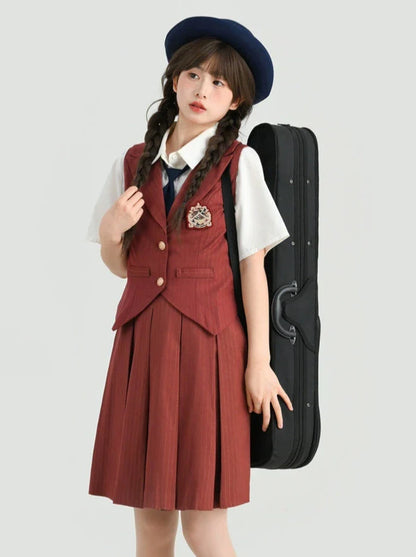 Style Faltenrock College Weste Rot Ziegel + Streifen