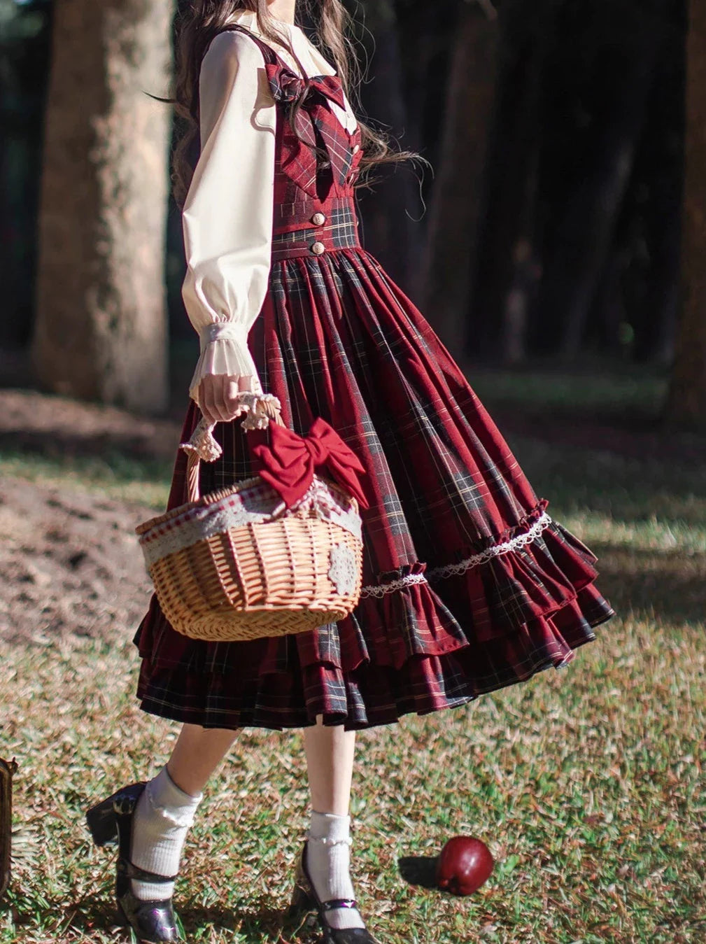 Shirt Little Red Tiered Pleated Dress Scarf Head Riding Ribbon Coat Hood Check Collar Cape