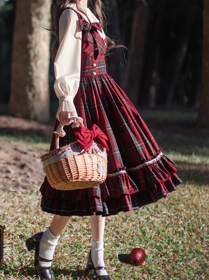 Shirt Little Red Tiered Pleated Dress Scarf Head Riding Ribbon Coat Hood Check Collar Cape