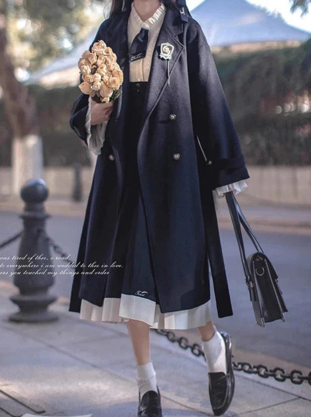 カレッジダブルブレストウールエレガントコクーンコート（ブルー）