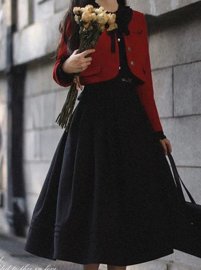 Jacket Red Black Tie Short Suit Elegant Dress Lantern Ruffle Retro + Sleeve Ribbon