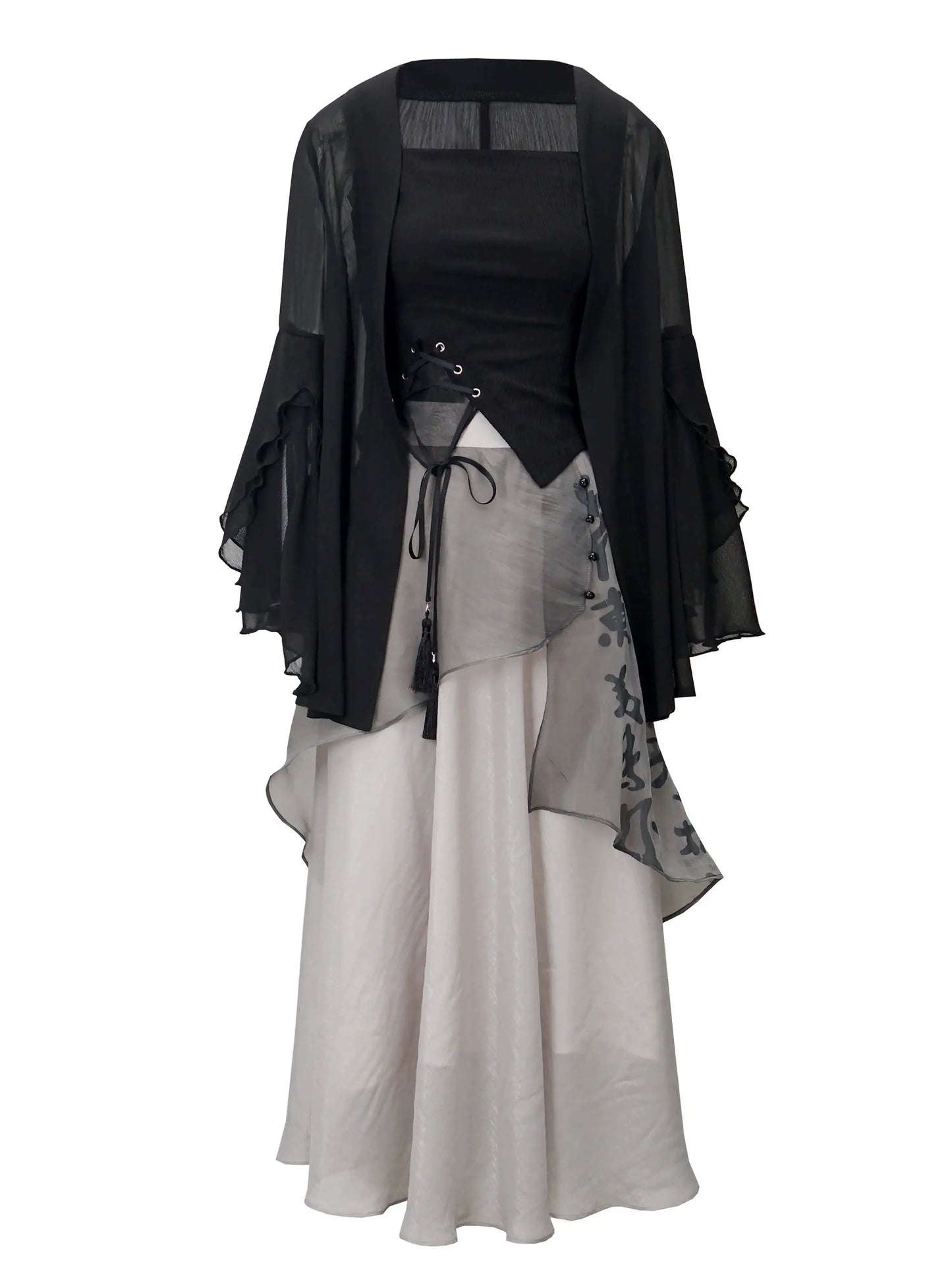 シャツトップドレス カリグラフィー シフォンサスペンダー シフォンスカート