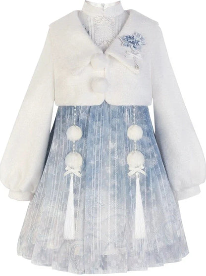 ドレス ショート ブルー チャイニーズファーコート アイス