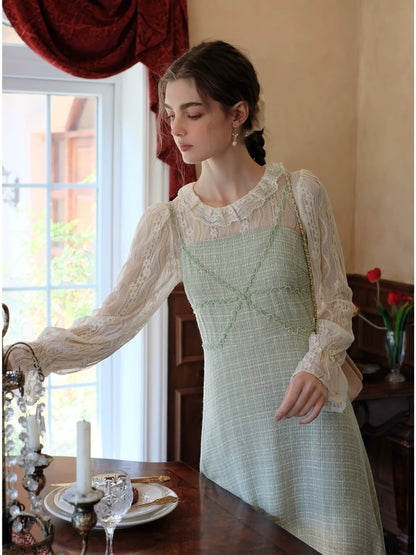 Perlen-Hosenträger, französischer Spitzenrock, Hemd + lang