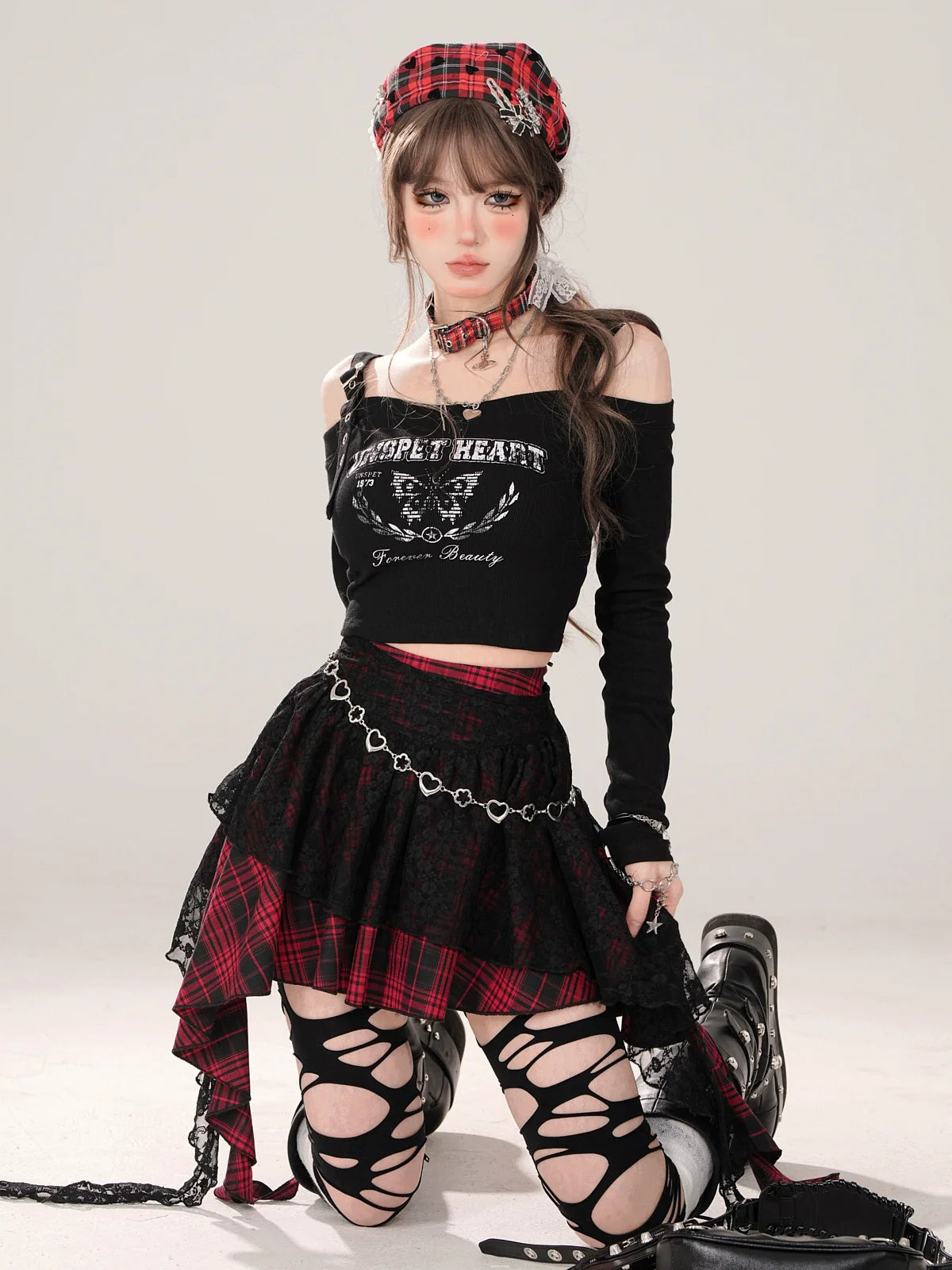 ショートTシャツ オフショルダー ロング スリム ブラック スリーブ