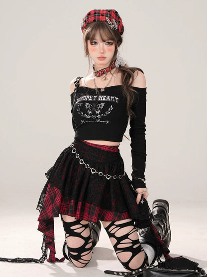 ショートTシャツ オフショルダー ロング スリム ブラック スリーブ