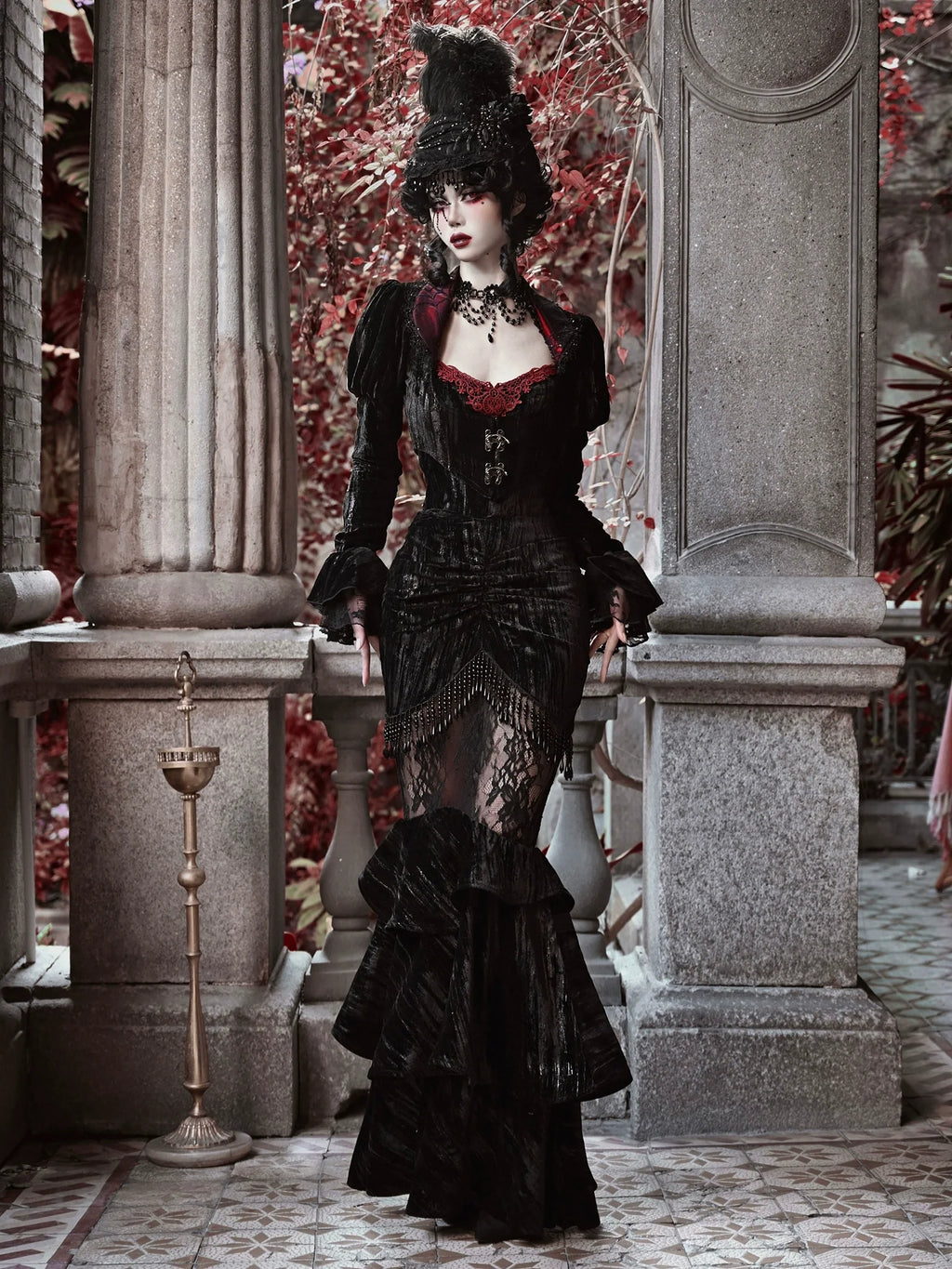 Mermaid Dutchess Gothic Hugging Hip Sheer Velvet Lace Skirt