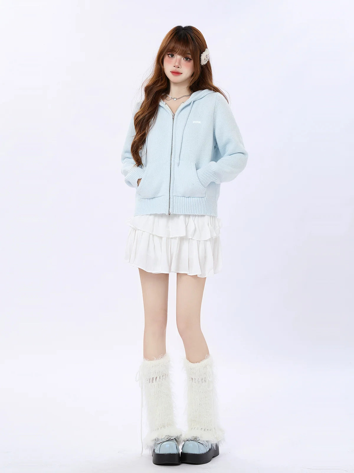 クリームニットフーディーブルーカーディガン