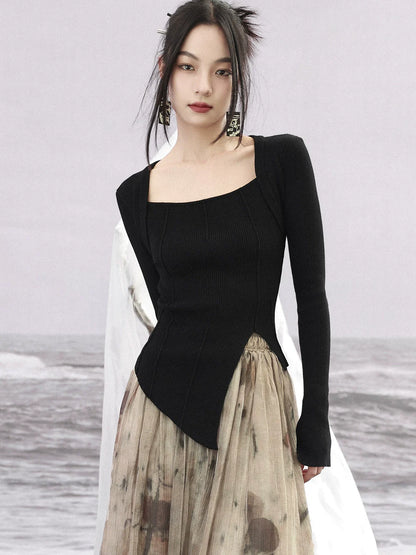 Bottle Slit Square Collar Tops