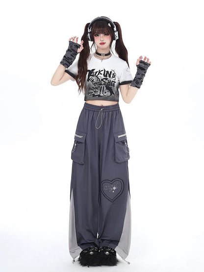 Drawstring Contrast Love Pants Color Cargo