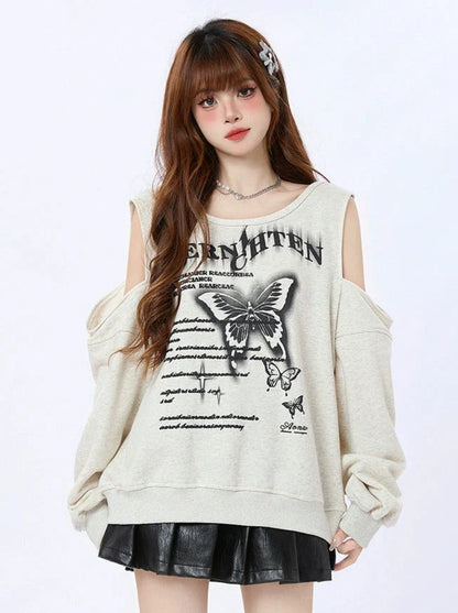 プリントバタフライオフショルダーレトロトレーナー