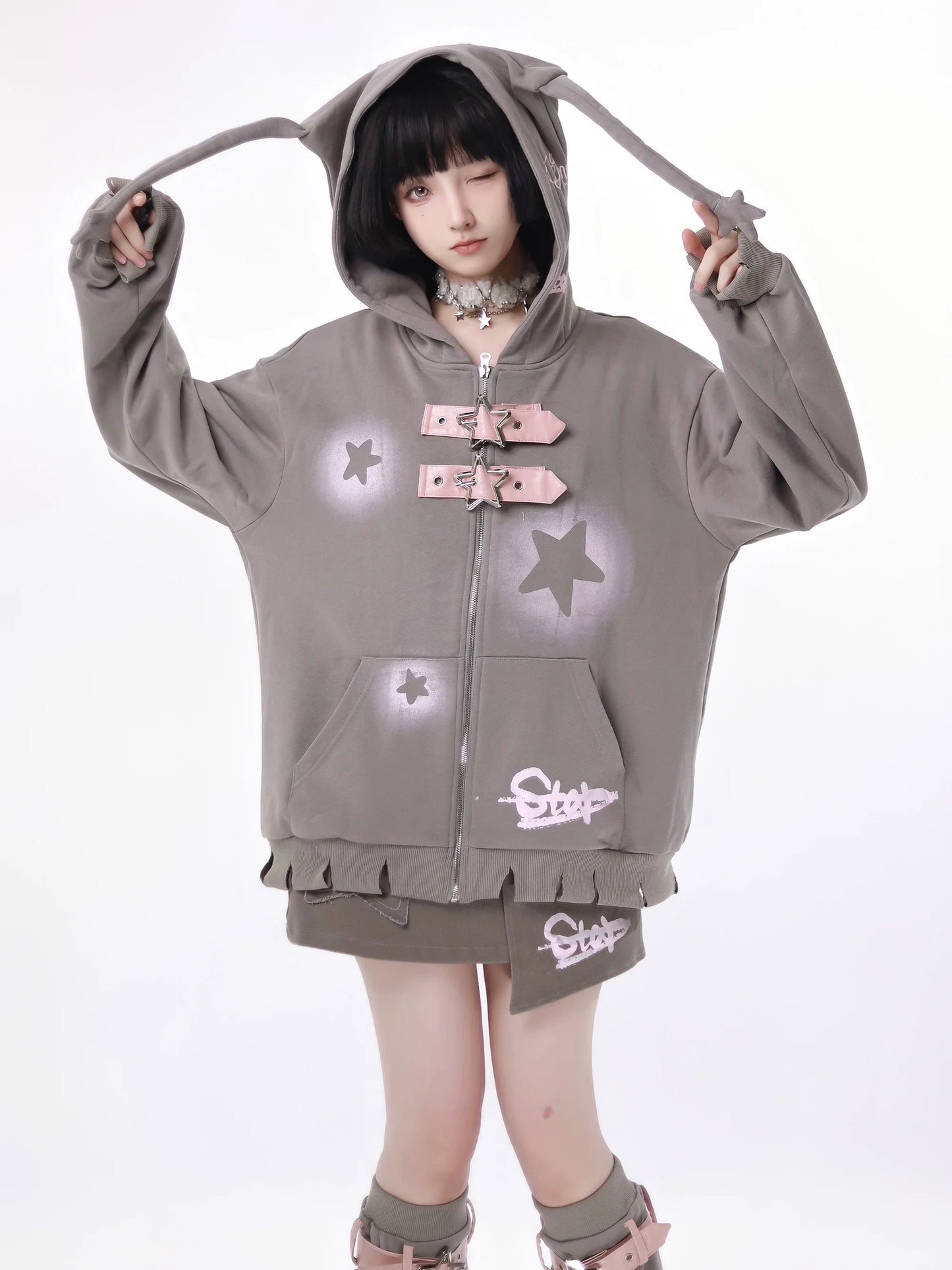 スターアメリカンプリント ルーズジップパーカー + イレギュラースカート + レッグウォーマー