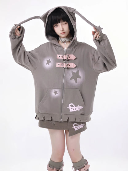 スターアメリカンプリント ルーズジップパーカー + イレギュラースカート + レッグウォーマー