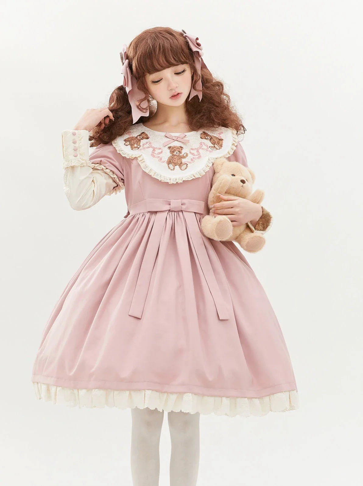 ロリータテディベアフラップレースパフスリーブリボンデレス
