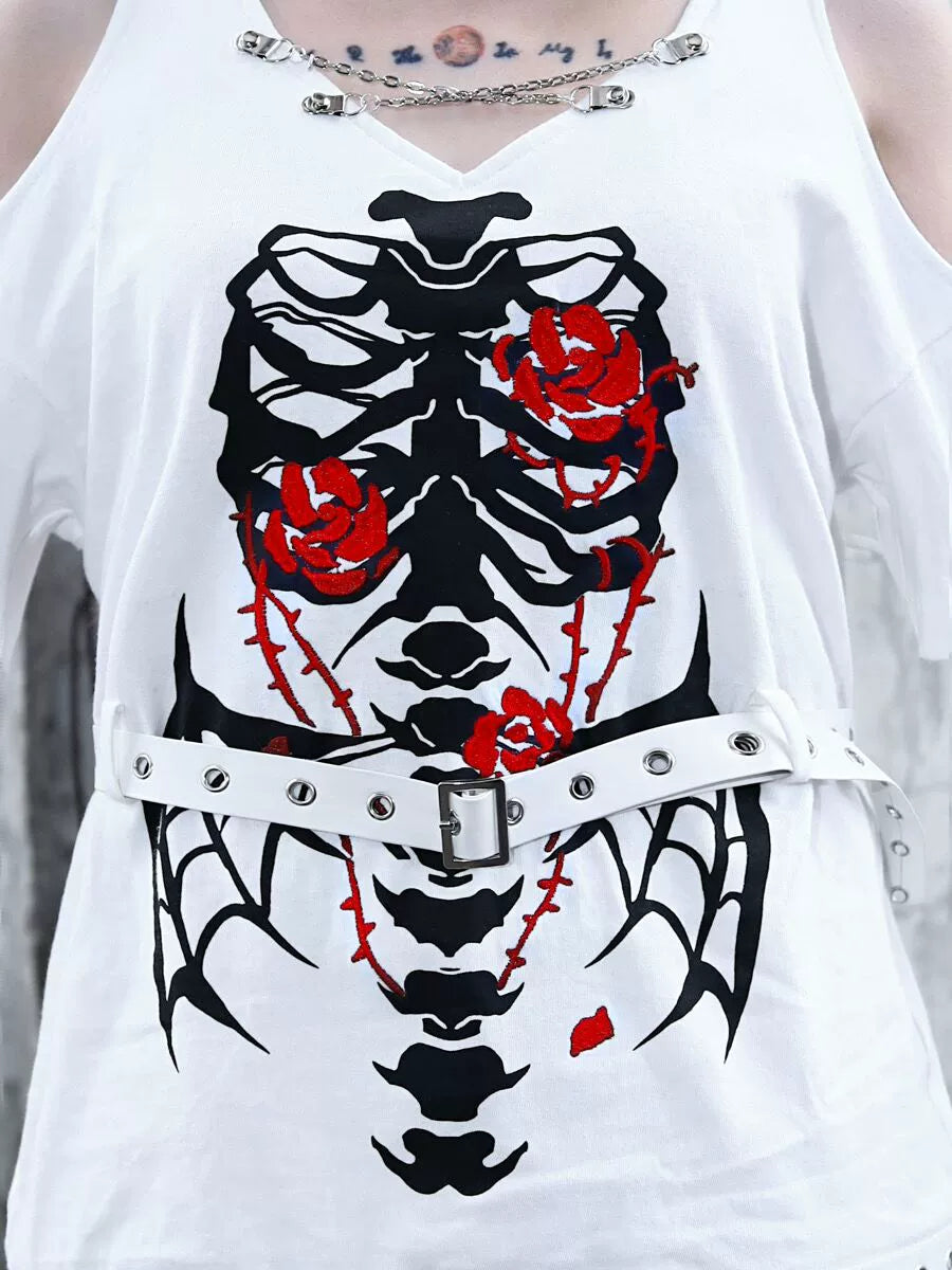 Dark Top Sleeve Chain Knit T-Shirt Strap Split