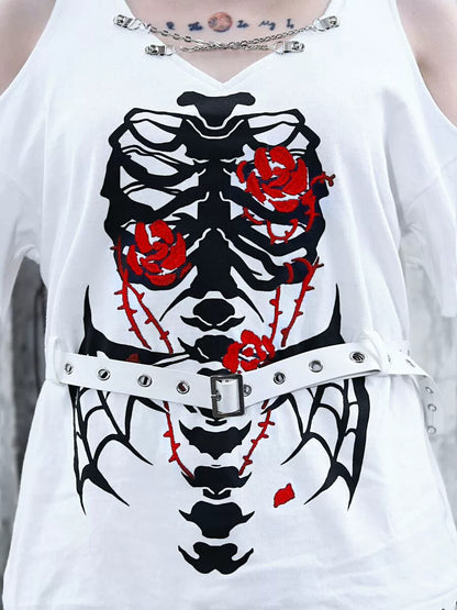 Dark Top Sleeve Chain Knit T-Shirt Strap Split