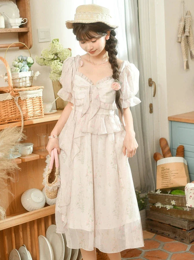 フローラルピンクのスクエアドレス シフォンオフショルダー