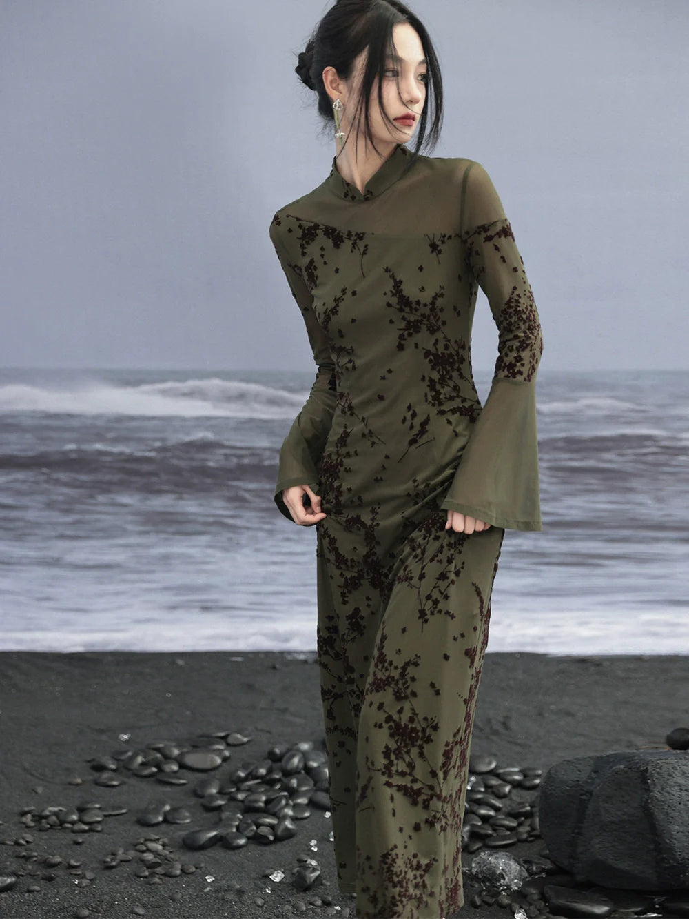 Mesh High End Flare Sleeve Dress Retro